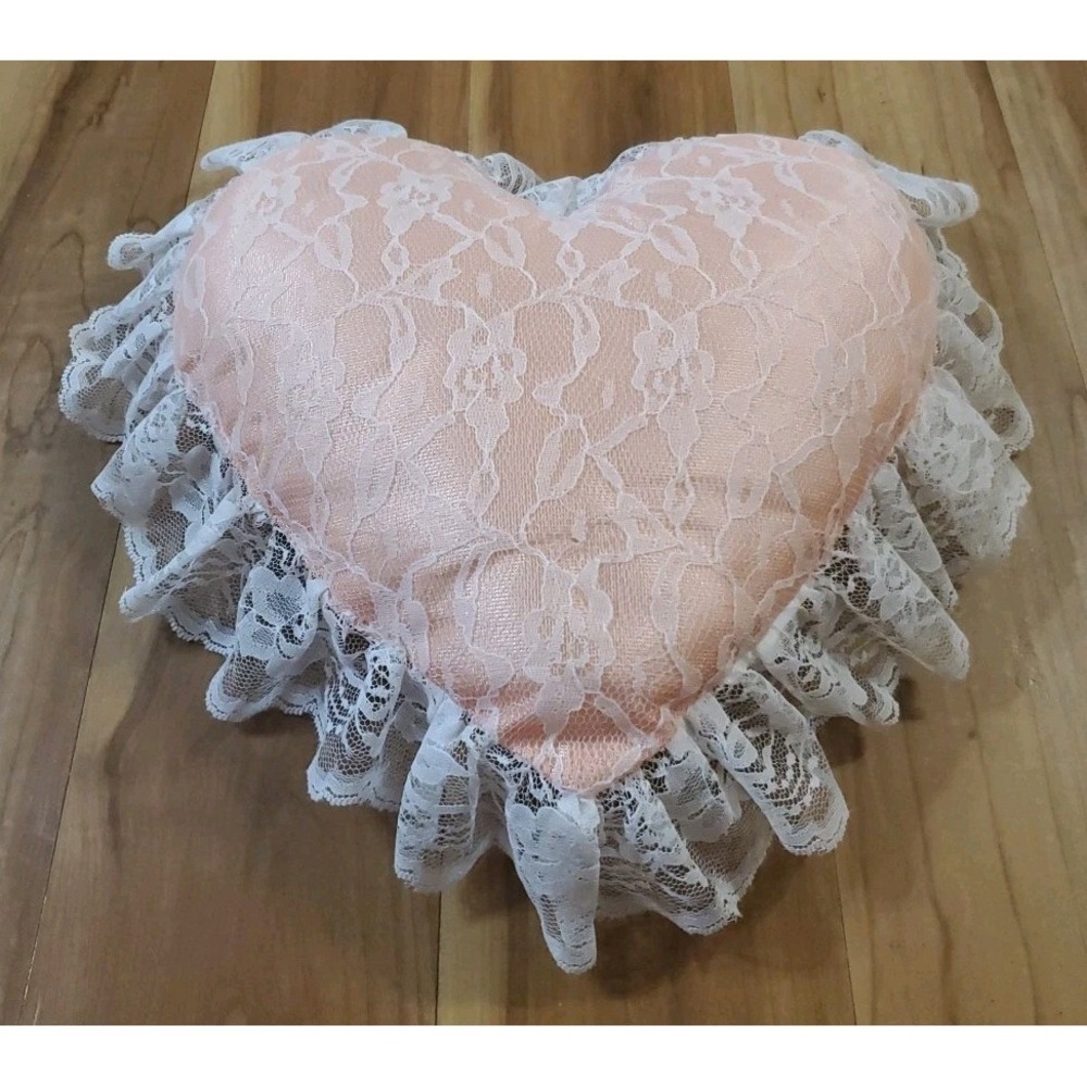 Heart Shaped Floral Lace Throw Pillow Peach Pink Cottagecore Victorian Romantic - Picture 2 of 8